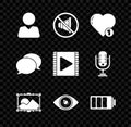 Set Add to friend, Speaker mute, Like and heart, Picture landscape, Eye, Battery charge level indicator, Speech bubble Royalty Free Stock Photo