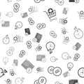 Set Add to Shopping cart, Cryptocurrency coin Bitcoin, Clock 24 hours and Online shopping on screen on seamless pattern