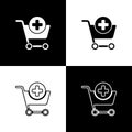 Set Add to Shopping cart icon isolated on black and white background. Online buying concept. Delivery service sign Royalty Free Stock Photo