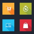 Set Add to Shopping cart, Stopwatch and percent, on laptop and Handbag icon. Vector