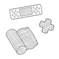 Set with Adhesive plaster, gauze, cross plaster isolated. Vector illustration. First aid kit, emergency, medical, trauma, callus,