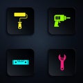 Set Adjustable wrench, Paint roller brush, Construction bubble level and Electric drill machine. Black square button Royalty Free Stock Photo