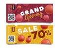 Set of admission tickets for grand opening event for electronic shop with line icons and discounts on home, kitchen and
