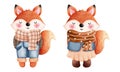 Set of adorable autumn foxes clipart.Watercolor clipart of a cute foxes in an autumn costume Royalty Free Stock Photo