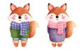 Set of adorable autumn foxes illustrations.Watercolor clipart of a cute foxes in an colorful autumn clothes Royalty Free Stock Photo