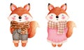 Set of adorable autumn foxes illustrations.Watercolor clipart of a cute foxes in an colorful autumn costume Royalty Free Stock Photo