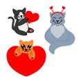 Set of adorable cats for valentines day. Cat with heart with hoop on head and on large heart. Vector illustration