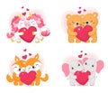 Set of adorable couple of valentine animals with hearts.