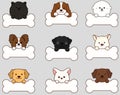 Set of adorable dogs\' faces with outlines with front paws holding a bone