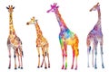 Set of adorable giraffe in different poses in style watercolor, standing tall and graceful