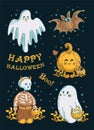 A set of adorable halloween characters. Cute ghosts, skeleton, pumpkin and bat are caroling. Trick or treat. jack o Royalty Free Stock Photo