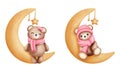 Set of adorable watercolor cute baby girl and boy teddy bear in pink scarf and bow sitting on crescent moon illustration.Animal Royalty Free Stock Photo