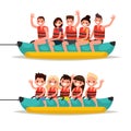 Set adults and children ride on a banana boat. Vector illustrati Royalty Free Stock Photo