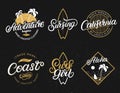 Set of Adventure, California, Surfgirl, Surfing, Aloha hand written lettering prints. Royalty Free Stock Photo