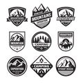 Set of adventure outdoor concept badges, camping emblem, mountain climbing logo in flat style. Exploration sticker symbol. Creativ Royalty Free Stock Photo