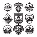 Set of adventure outdoor concept badges, summer camping emblem, mountain climbing logo in black & white colors. Monochrome stencil