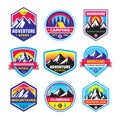 Set of adventure outdoor concept badges, summer camping emblem, mountain climbing logo in flat style. Creative vector illustration Royalty Free Stock Photo