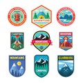 Set of adventure outdoor concept badges, summer camping emblem, mountain climbing logo in flat style. Extreme exploration sticker Royalty Free Stock Photo