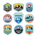 Set of adventure outdoor concept badges, summer camping emblem, mountain climbing logo in flat style. Extreme exploration sticker Royalty Free Stock Photo