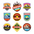 Set of adventure outdoor concept badges, summer camping emblem, mountain climbing logo in flat style. Extreme exploration sticker