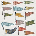 Set of adventure, outdoors, camping colorful pennants. Retro monochrome labels on textured background. Hand drawn