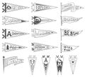 Set of adventure, outdoors, camping pennants. Retro monochrome labels. Hand drawn wanderlust style. Pennant travel flags