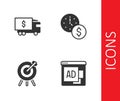 Set Advertising, Armored truck, Target financial goal and Time money icon. Vector