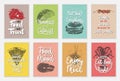 Set of 8 advertising barbecue, meat, fish, seafood, food and eating lettering posters, decoration, prints, cafe or kitchen