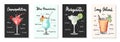 Set of 4 advertising recipe lists with alcoholic drinks, cocktails and beverages lettering posters, wall decoration, prints, menu Royalty Free Stock Photo