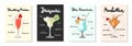 Set of 4 advertising recipe lists with alcoholic drinks, cocktails and beverages lettering posters, wall decoration, prints, menu Royalty Free Stock Photo