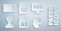 Set AE file document, Speech bubble with RGB and CMYK, Stamp, Human head gear inside, ID File and Graphic tablet icon Royalty Free Stock Photo