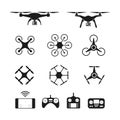 Set of aerial drone or quadcopter and remote control icons.