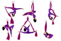 Set. Aerial with silk ribbon and hammock. Girl. Aerial Yoga. Stretching exercises