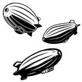 Set of aerostat illustrations on white background. airships zeppelins. Design elements for logo, label, emblem, sign.