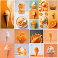 Set of aesthetic photos of summer ice creams. Collage in minimalistic style in one orange color