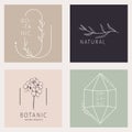 Set of 4 aesthetic women cosmetics logos. Minimalistic floral icons with lettering.