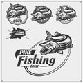 Set af fishing labels with a pike and fishing tackle. Fishing emblems and design elements. Royalty Free Stock Photo