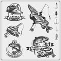 Set af fishing labels with a pike and fishing tackle. Fishing emblems and design elements. Royalty Free Stock Photo