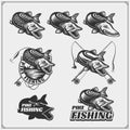 Set af fishing labels with a pike and fishing tackle. Fishing emblems and design elements. Royalty Free Stock Photo