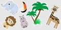 A set of Africa stickers. Stickers for children are a lion, a hippopotamus, a palm tree, an elephant, a giraffe, a toucan.