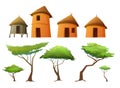 Set of Africa village. Rural houses made of clay and straw. African landscape. Isolated on white background. Acacia Royalty Free Stock Photo