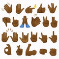 Set of african american or brazilian black hands icons and symbols. Emoji hand icons. Different cartoon gestures, hands