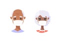 Set of African American elderly male and female characters. Cartoon masked people. Isolated retiree avatars. Flat illustration