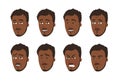Set of African-American men's faces with different expressions. Vector flat design