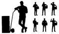 Set of silhouettes of warehouse workers with the package. Delivery guy is holding a cardboard box in different poses