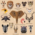 Set of african animals faces icons. Flat