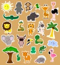 Set of african animals stikers. Twenty animals and birds, baobab and palm tree. Royalty Free Stock Photo