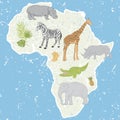 Set with African animals zebra, crocodile, rhinoceros, hippo, elephant