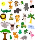 Set of African cute and fun animals and birds. Isolated. Royalty Free Stock Photo