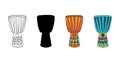 Set of African djembe drums. In color, contour, silhouette. Traditional ethnic percussion musical instrument. Isolated Royalty Free Stock Photo